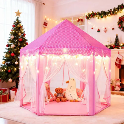 Princess Castle Tent for Girls, Hexagon Playhouse with Star Fairy Lights, Indoor‑Outdoor Kids Play Tent, Christmas Gift