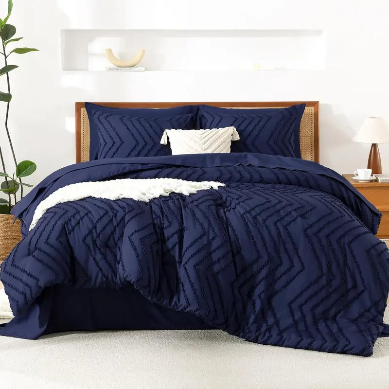 ☁️ 7‑Piece Chevron Tufted Boho Bedding Set, 14" Deep Pocket Microfiber Comforter Set, Soho Chic Home Decor