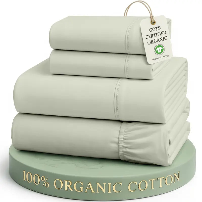 ☁️ 100% Organic Cotton Percale Cooling Sheet Set, 15" Deep Pocket, Breathable Hotel‑Quality Bedding