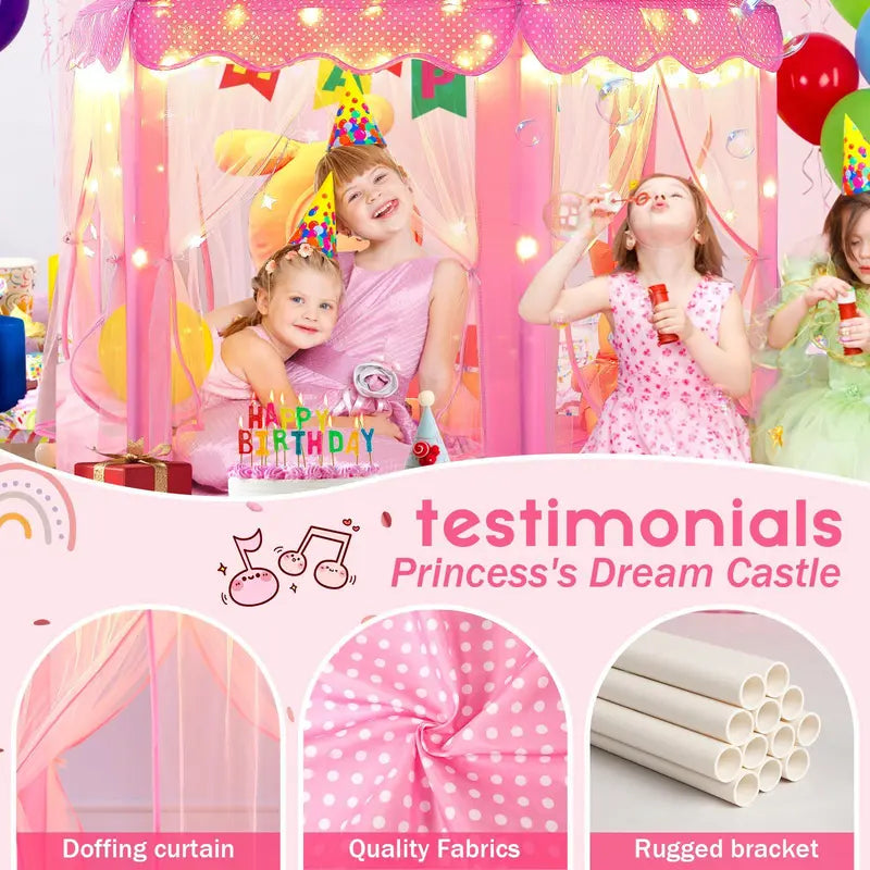 Princess Castle Tent for Girls, Hexagon Playhouse with Star Fairy Lights, Indoor‑Outdoor Kids Play Tent, Christmas Gift