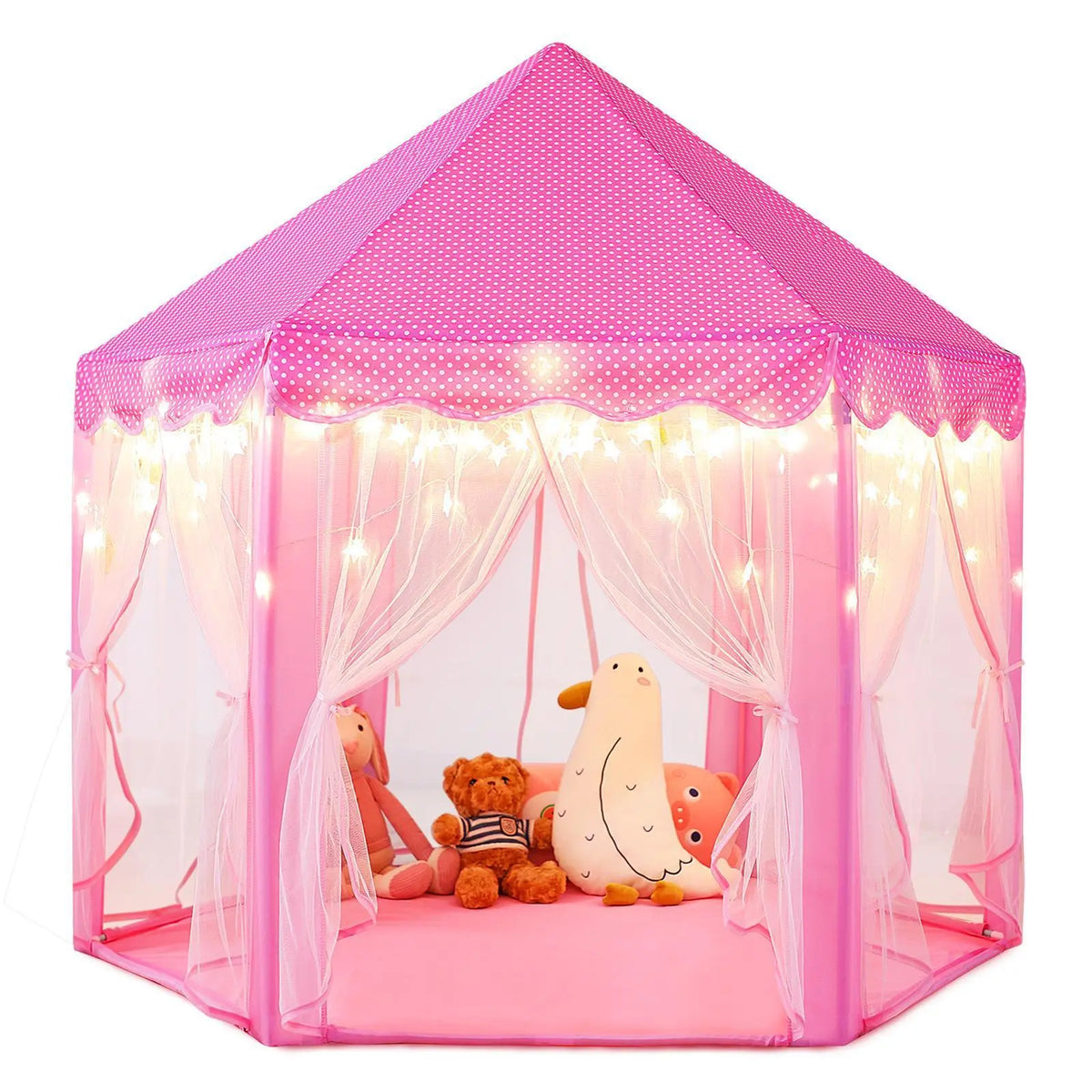 Princess Castle Tent for Girls, Hexagon Playhouse with Star Fairy Lights, Indoor‑Outdoor Kids Play Tent, Christmas Gift