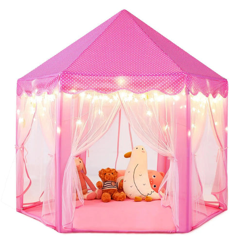 Princess Castle Tent for Girls, Hexagon Playhouse with Star Fairy Lights, Indoor‑Outdoor Kids Play Tent, Christmas Gift