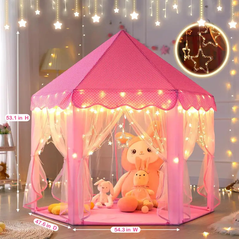 Princess Castle Tent for Girls, Hexagon Playhouse with Star Fairy Lights, Indoor‑Outdoor Kids Play Tent, Christmas Gift