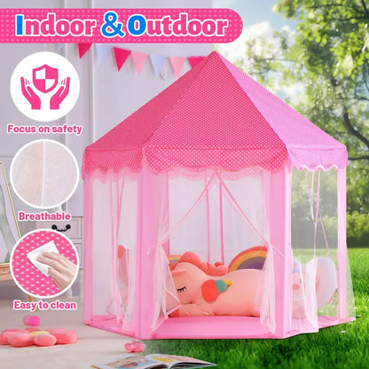 Princess Castle Tent for Girls, Hexagon Playhouse with Star Fairy Lights, Indoor‑Outdoor Kids Play Tent, Christmas Gift