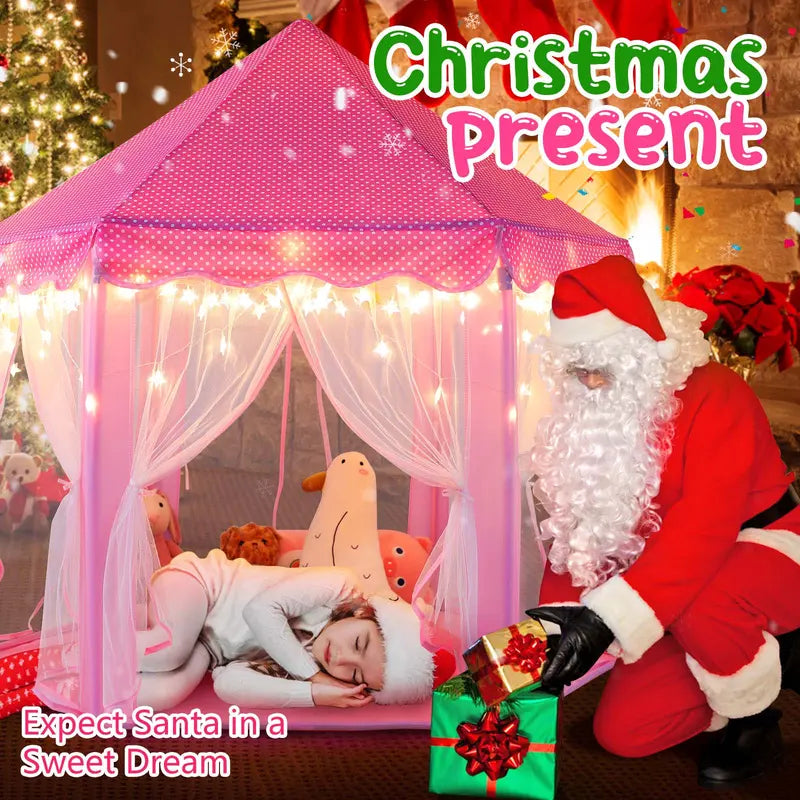 Princess Castle Tent for Girls, Hexagon Playhouse with Star Fairy Lights, Indoor‑Outdoor Kids Play Tent, Christmas Gift