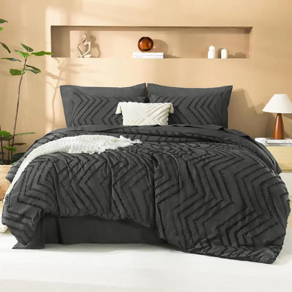 ☁️ 7‑Piece Chevron Tufted Boho Bedding Set, 14" Deep Pocket Microfiber Comforter Set, Soho Chic Home Decor