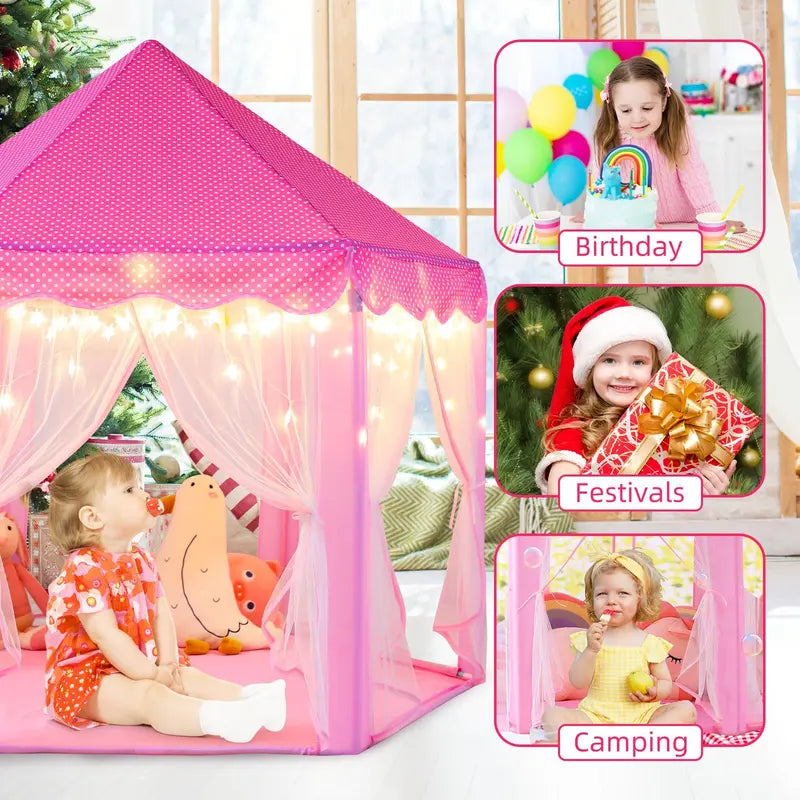 Princess Castle Tent for Girls, Hexagon Playhouse with Star Fairy Lights, Indoor‑Outdoor Kids Play Tent, Christmas Gift