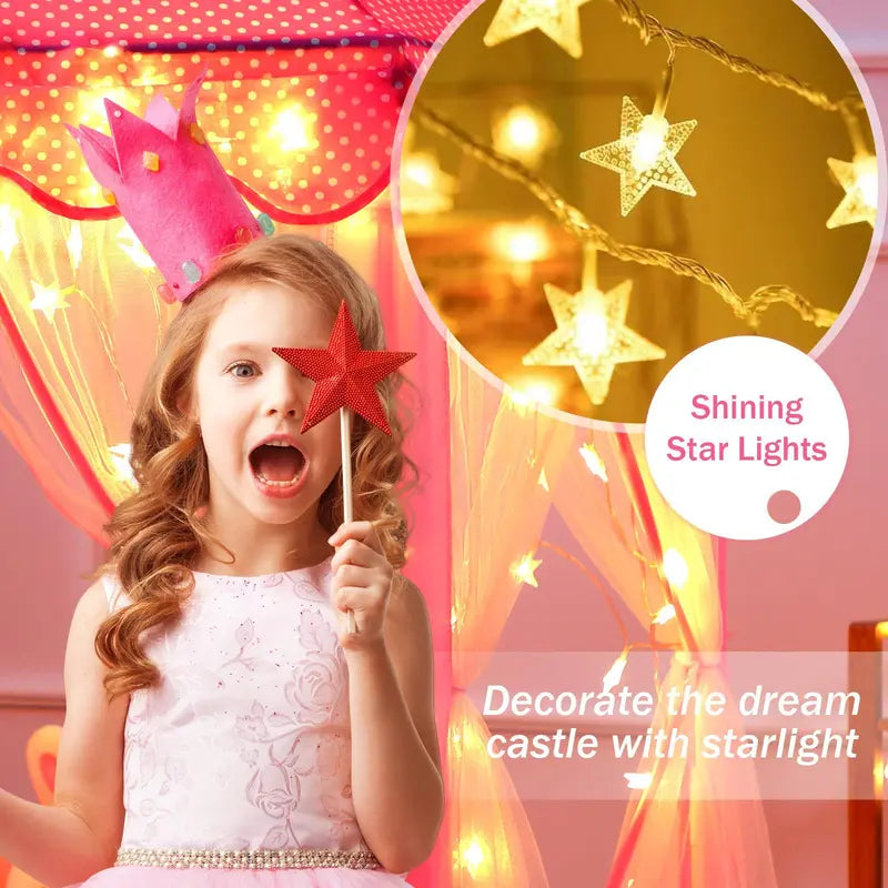 Princess Castle Tent for Girls, Hexagon Playhouse with Star Fairy Lights, Indoor‑Outdoor Kids Play Tent, Christmas Gift