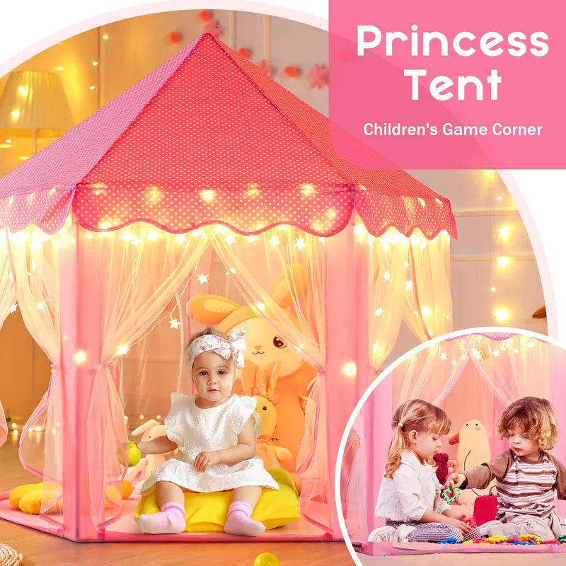 Princess Castle Tent for Girls, Hexagon Playhouse with Star Fairy Lights, Indoor‑Outdoor Kids Play Tent, Christmas Gift